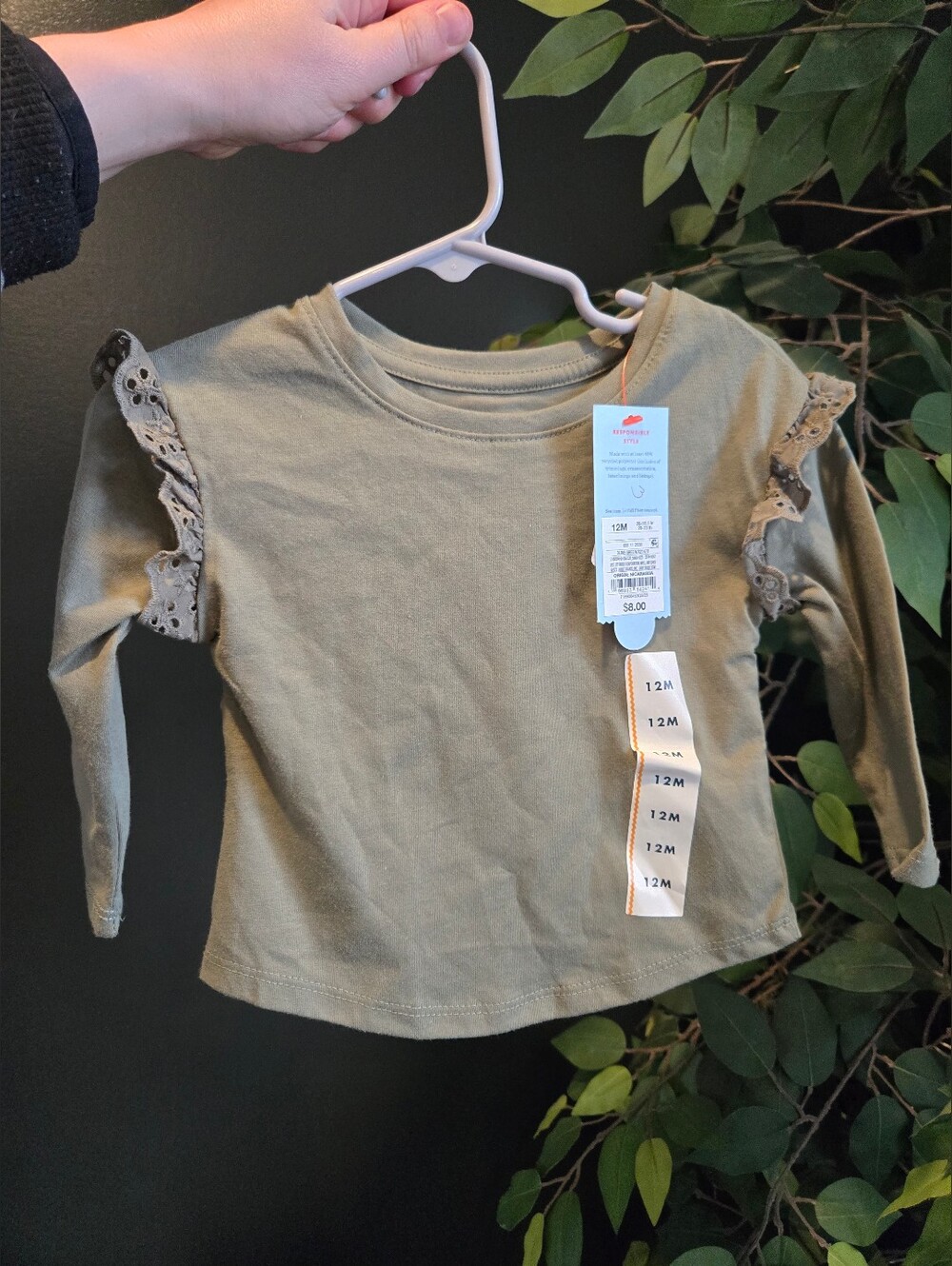 Cat & Jack Girls Ruffle Shoulder Long Sleeve Green NWT 12 Months